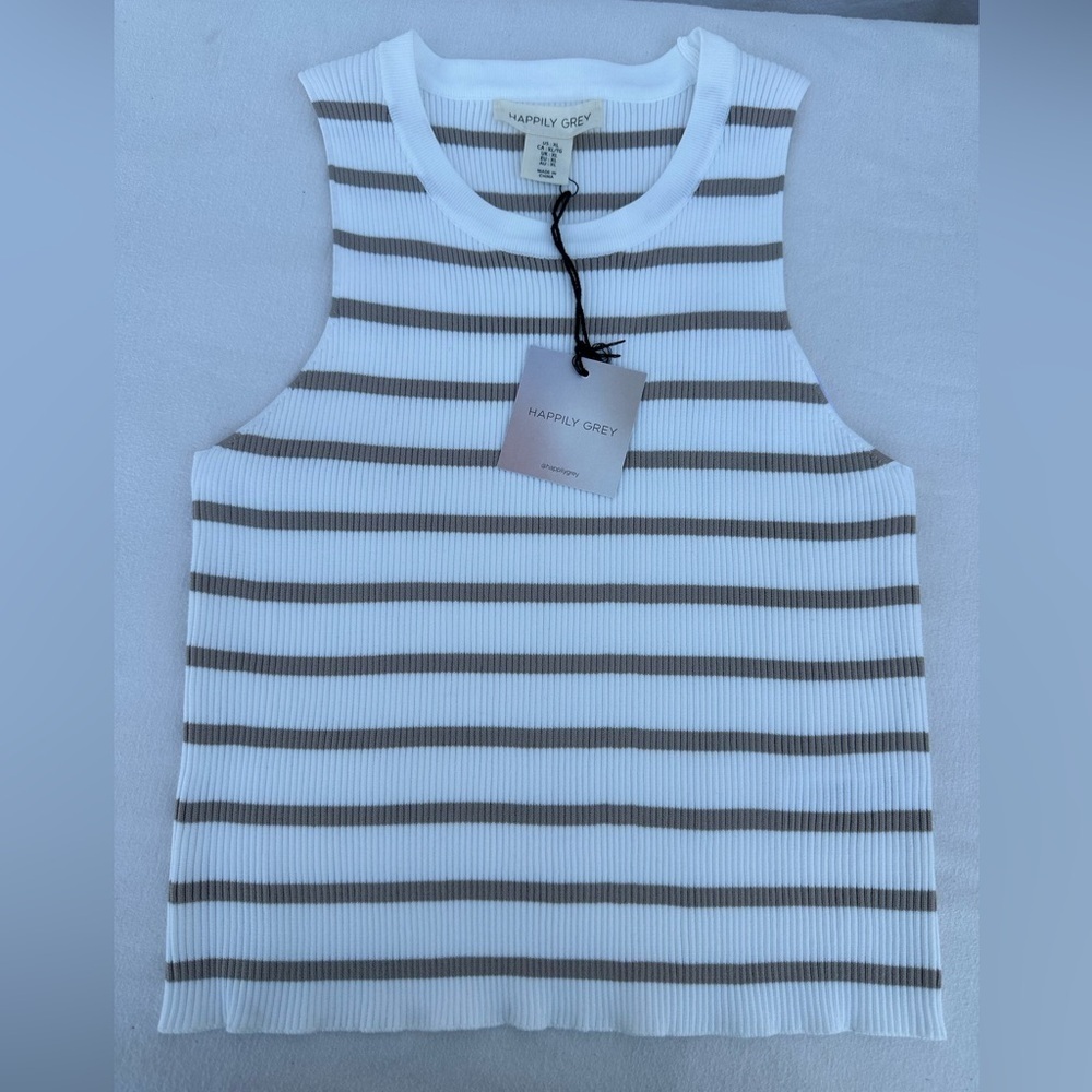 Happily Grey Striped Tank Top - White and Tan # A1